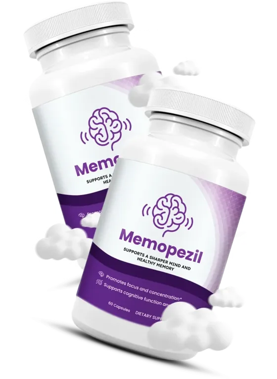 A white bottle of Memopezil with a purple label and brain symbol, 60 capsules